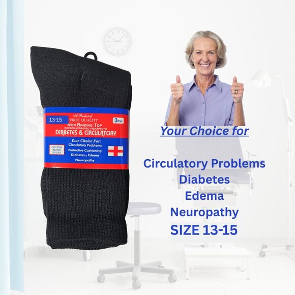 Men's Black Crew Diabetes Diabetic Socks Neuropathy Edema Cotton Size 13-15 New - Picture 1 of 5